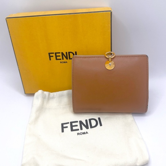 Authentic Brown Fendi Leather Bifold Wallet Yellow Interior W/ Box Dust Bag - Picture 1 of 9
